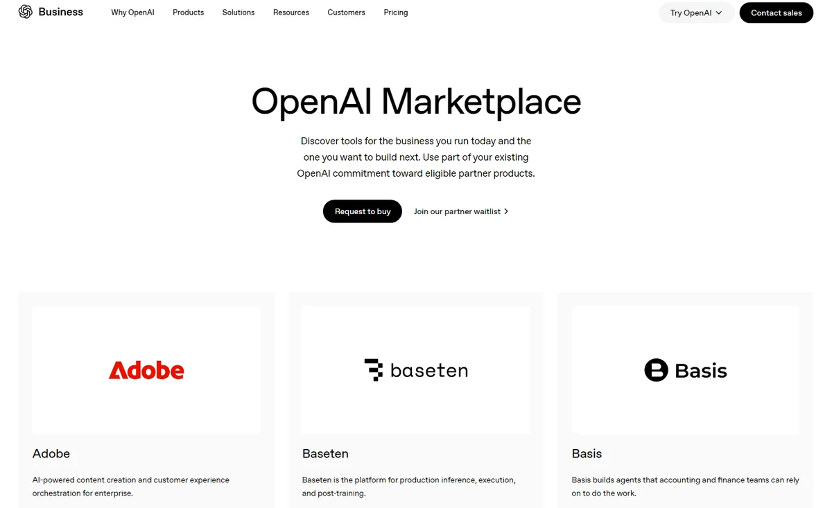 OpenAI Marketplace page with the headline, Request to buy and Join our partner waitlist buttons, and the first partner cards for Adobe, Baseten and Basis