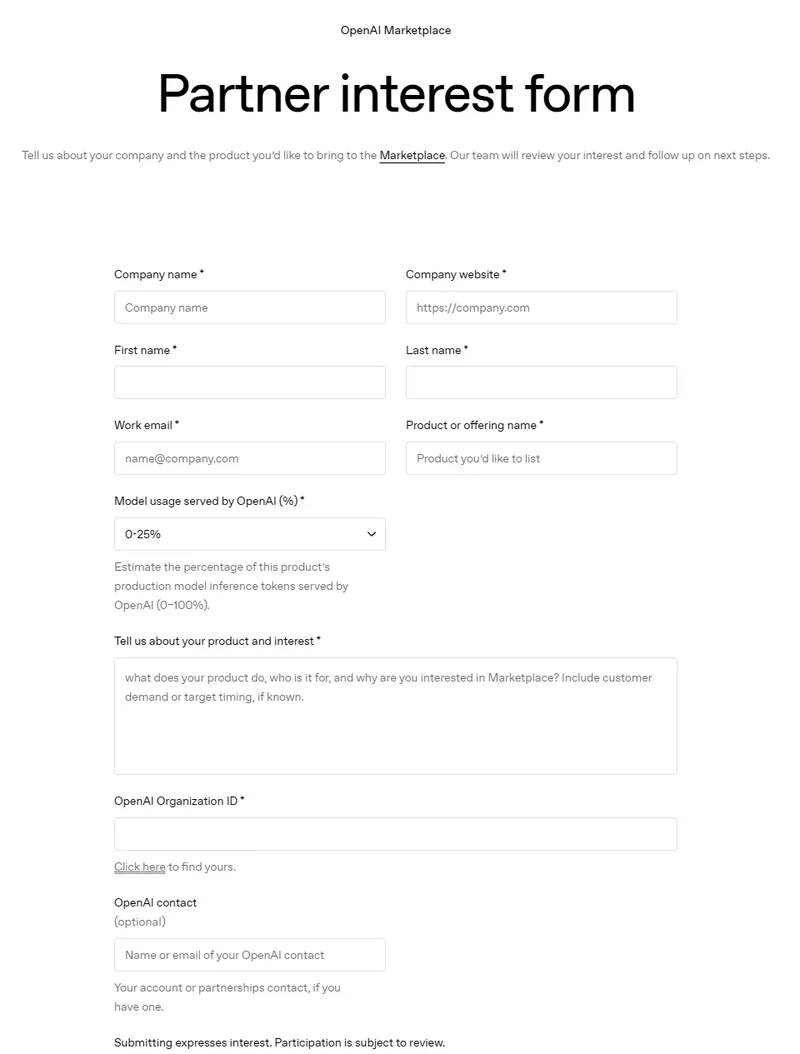 OpenAI Marketplace partner interest form with fields for company, product, model usage served by OpenAI, product description and OpenAI Organization ID