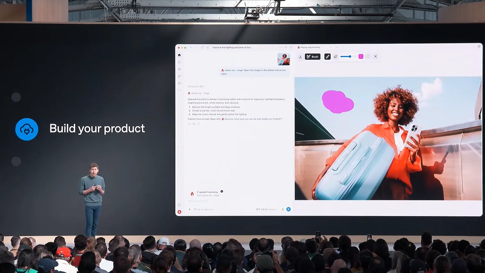 ChatGPT conversation on the left and an Adobe photo editor side panel on the right, shown on the DevDay 2026 stage screen